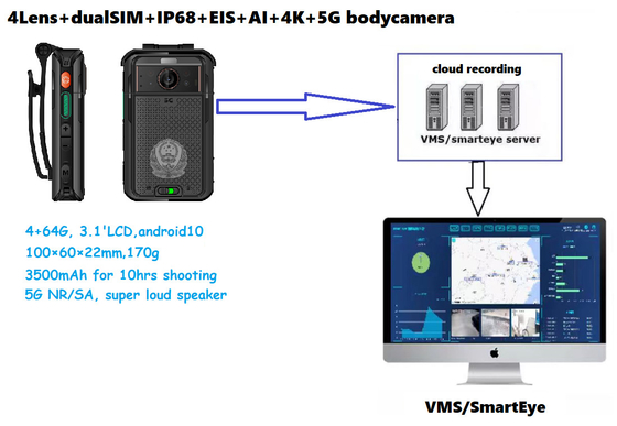 5G NR/SA كاميرا جسم التصوير الحراري 4K HD 3500mah بطارية مزدوجة EIS 4G 64GB 3.1 بوصة LCD