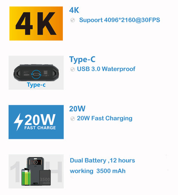 5G NR/SA كاميرا جسم التصوير الحراري 4K HD 3500mah بطارية مزدوجة EIS 4G 64GB 3.1 بوصة LCD