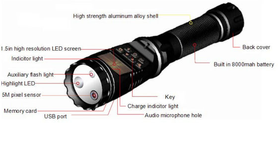 H.264 Police Security Flashlight DVR متعدد الوظائف 8000mAh بطارية CE المعتمدة